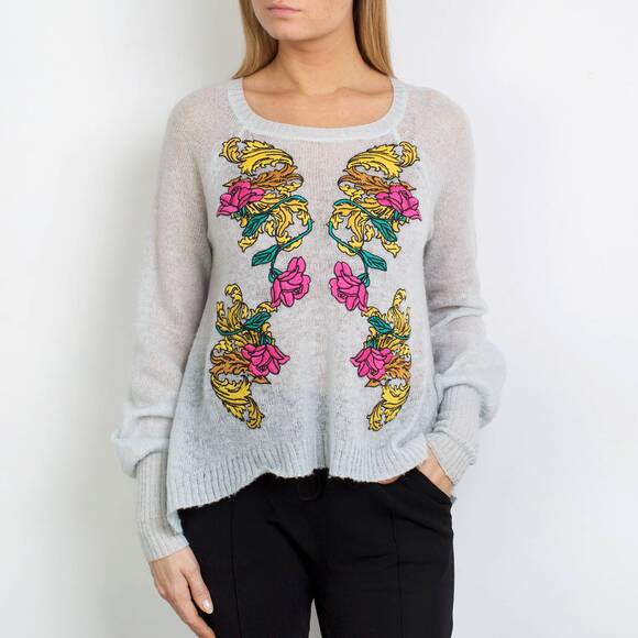 Wildfox White Label Semi Sheer Wool Boxy Sweater in Blue Floral Embroidery - Picture 1 of 8